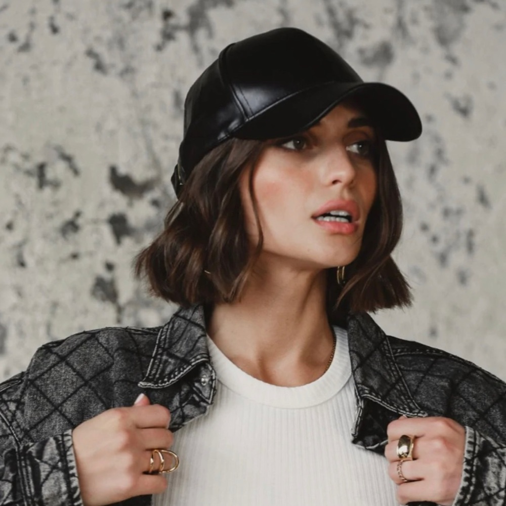 Black vegan leather baseball cap